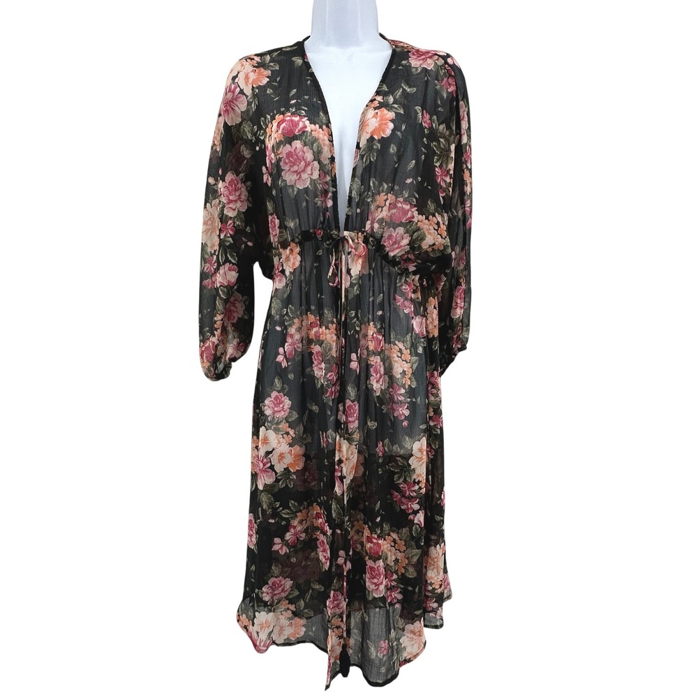 American Eagle Kimono Cardigan Womens XS/S Black Floral Sheer Romantic Cottage